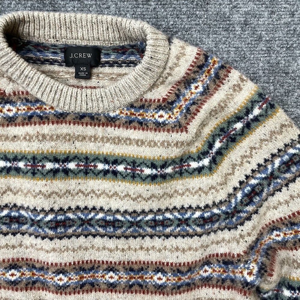 J. Crew Fair Isle Wool Blend Crewneck Sweater Holiday Winter Beige Blue Mens XS